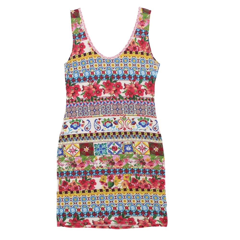 Desigual Sleeveless Dress Large Floral Sequin Trim Vibrant Retro Style